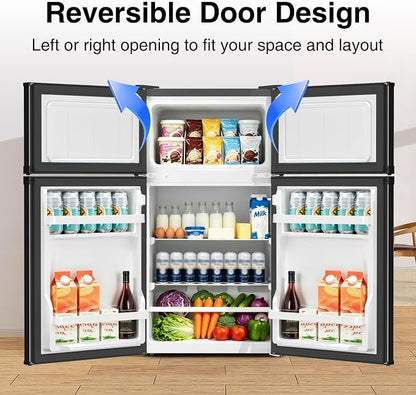 Kismile 2.5 Cu.Ft Mini Fridge with Freezer, Double Door Fridge, Silver | Reversible Door Compact Refrigerator with Mechanical Thermostat & Removable Shelves, Quiet for Bedroom Office