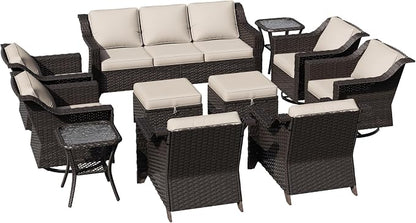11 Piece Patio Furniture Set, Wicker Outdoor Conversation Set | Patio Chair Set with Olefin Removable Cushion, All-Weather Outdoor Couch with Deep Seat for Porch, Deck and Backyard, Beige