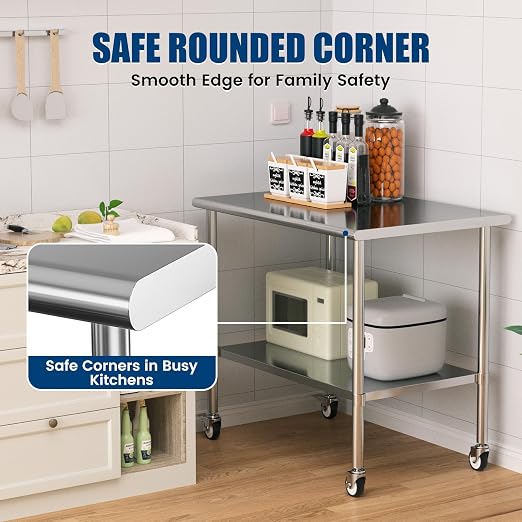 Stainless Steel Work Table with Wheels, 30x48 Inch NSF Kitchen Prep Table with Adjustable Undershelf for Commercial Restaurant, Garage, Outdoor BBQ