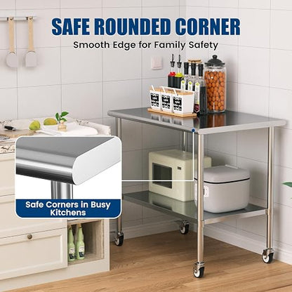 Stainless Steel Work Table with Wheels, 30x48 Inch NSF Kitchen Prep Table with Adjustable Undershelf for Commercial Restaurant, Garage, Outdoor BBQ