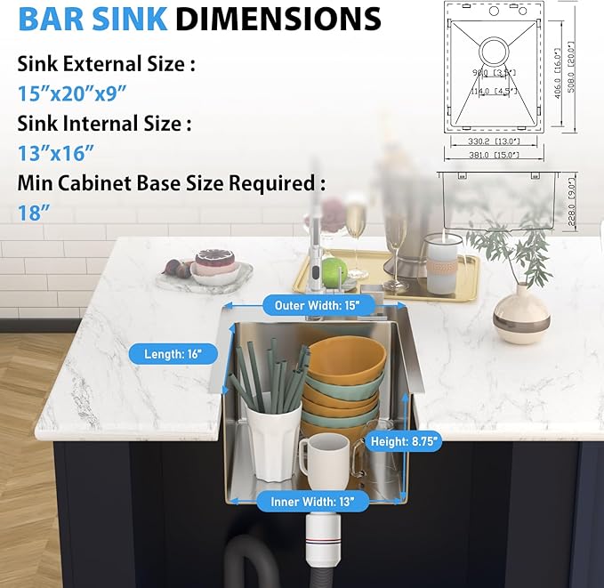 15 Drop In Bar Sink 15 x 20 Inch Kitchen Sink 18 Gauge Stainless Steel Single Bowl Topmount Handmade Sink for Outdoor, RV, 15x20x9