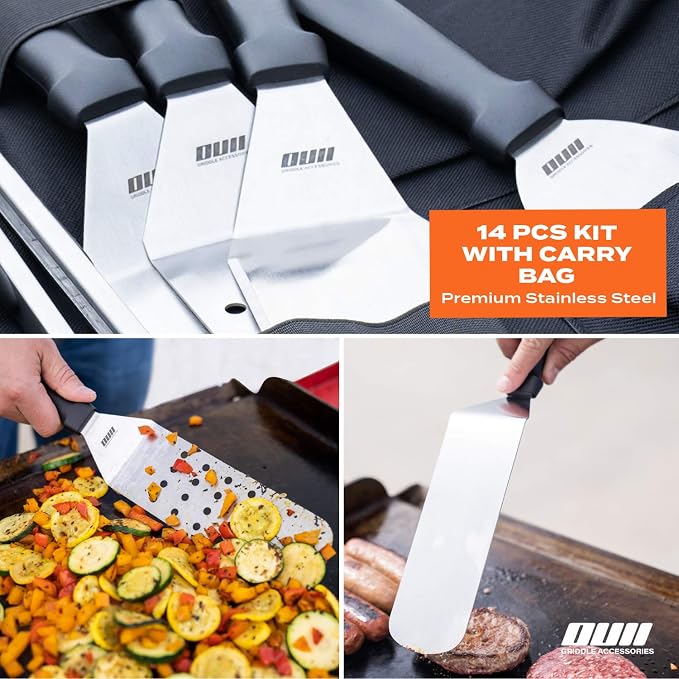 Flat Top Griddle Accessories Set for Blackstone and Camp Chef Griddle - 14 Pieces Set with Griddle Cleaning Kit & Carry Bag! Metal Spatula, Griddle Scraper, Egg Rings for Teppanyaki & Gas Grill