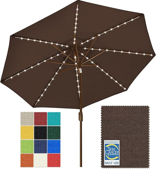 EliteShade USA 10-Year-Non-Fading 9ft Market Patio Umbrella, Commercial Grade Table Sun Umbrella with 80 Solar LED Lights, Crank Open, Windproof & UPF 50+ UV Protection for Garden, Deck, Pool, Backyard, Chestnut