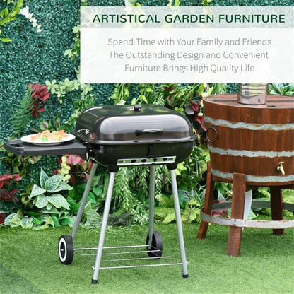 Portable Charcoal Grill with Lockable Lid & Wheels - 35 Inch Outdoor BBQ Grill for Camping, Picnics, Backyard - Porcelain-Enameled Bowl, Adjustable Damper, Warming Grate, Foldable Shelf - Rust-Resista