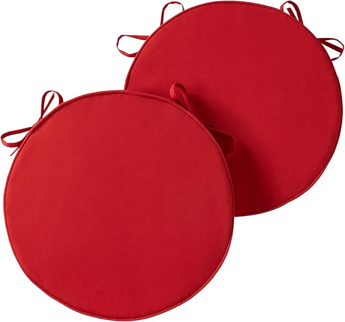 Set of 2 Outdoor 18 inch Round Patio Dining Chair Pads – Comfortable Fiber-Filled Seat Cushions with Ties, Reversible Polyester Fabric - Salsa Red