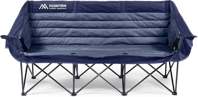 Huskfirm 3 Person Camping Chairs Folding Double Camp Chair for Adults Blue | Oversized Loveseat Camping Chair Padded Heavy Duty Camping Couch for Outdoor Lawn with Two Cup Holders and Carry Bag