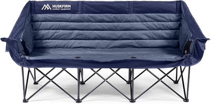 Huskfirm 3 Person Camping Chairs Folding Double Camp Chair for Adults Blue | Oversized Loveseat Camping Chair Padded Heavy Duty Camping Couch for Outdoor Lawn with Two Cup Holders and Carry Bag