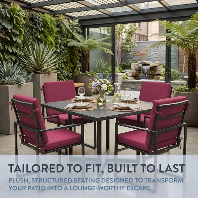 California Umbrella Outdoor Dining Chair, Set of 4 Patio Seat Cushions, 20 x 40 Inch, Premium Outdoor Memory Foam, Fade Resistant, Sunbrella Fabric, Fabric Ties, Hot Pink