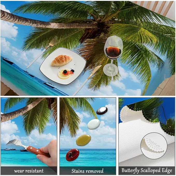Swono Rectangle Tablecloth Tropical Beach Table Cover 52x70 Inch Paradise Palms Turquoise Ocean Sea Table Cloth for Rectangle Tables Decorative Tablecloth for Dining Party Camping BBQ