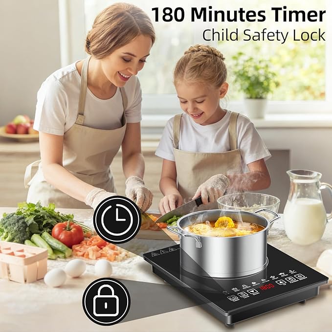 Single Burner Induction Cooktop,Hot Plate with 6 Cooking Modes, portable cooktop with LCD touch control,9 Levels &3H Timer,1800W 110V Portable induction Cooktop