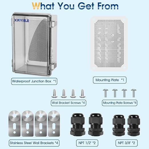 Waterproof Outdoor Project ABS Plastic Junction Box IP67 Weatherproof Dustproof Enclosure with Hinged Cover, Mounting Plate,Wall Brackets for Power Project (Clear, 11"x7.5"x5.5")