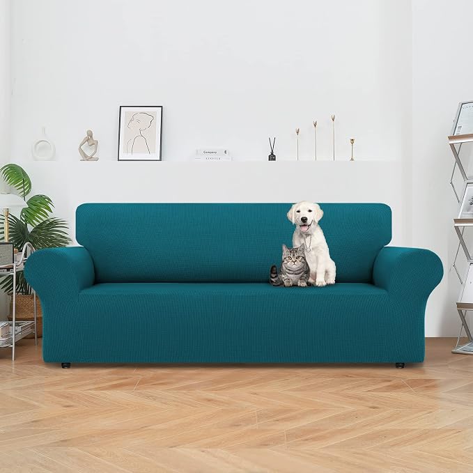 LURKA Oversized Couch Cover, 1 Piece 4 Seater Sofa Slipcover, Peacock Blue | Soft Stretch Jacquard, Fits 94"-110" Oversized Sofas, Elastic Bottom for Secure Fit, Machine Washable, Pet & Kid Friendly