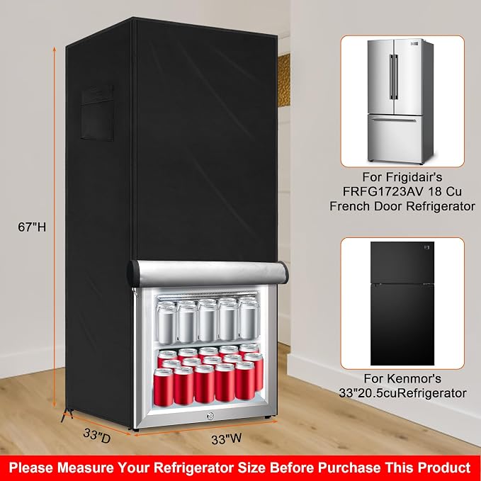 Outdoor Refrigerator Cover Outdoor Dustproof Freezer Covers for Protecting Upright Freezers/Beverage Refrigerator Suitable for Large Cold Rooms (Black, 33" x 33" x 67")