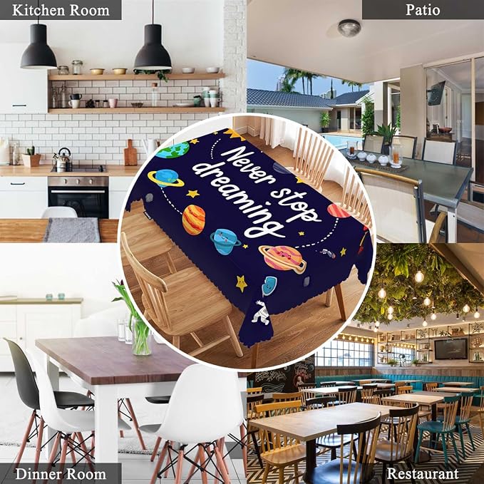 Swono Rectangle Tablecloth Outer Space Table Cover 52x70 Inch Never Stop Dreaming Quote Cute Planet Stars Sun Table Cloth for Rectangle Tables Decorative Tablecloth for Dining Party Camping BBQ