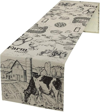 Farm Cow Thanksgiving Fall Table Runner, Tractor Milk Crop Fresh Market Farmhouse Kitchen Dining Table Decoration for Home Party 13x108 Inch