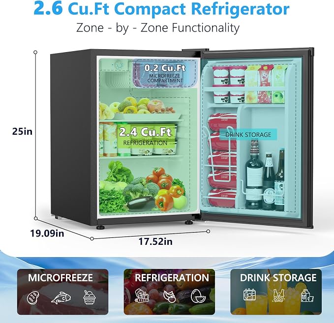 COWSAR 2.6 Cu.Ft Mini Fridge with Freezer, Quiet Reversible Door Compact Refrigerator, Small Refrigerator with 2 Removable Shelves, Adjustable Thermostat, for Office, Bedroom, Dorm, Black