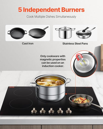VEVOR SK-92IHA36CK04 9200W Electric Countertop Burner Knob Control Stove, Built-in Induction Cooktop with 12 Temperature Settings, Glass Surface, Auto Shut-Off, 36in 5 Burners/220V, Black
