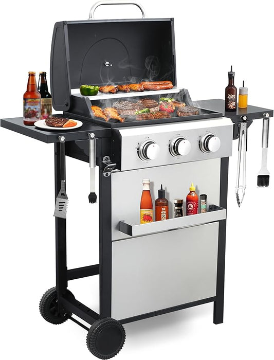 3 Burner Propane Gas Grill, Small Stainless Steel Portable BBQ Grill with Folding Side Table, Compact Gas Grill for Patio Balcony Camping, Easy Assembly with Wheels & Warming Rack