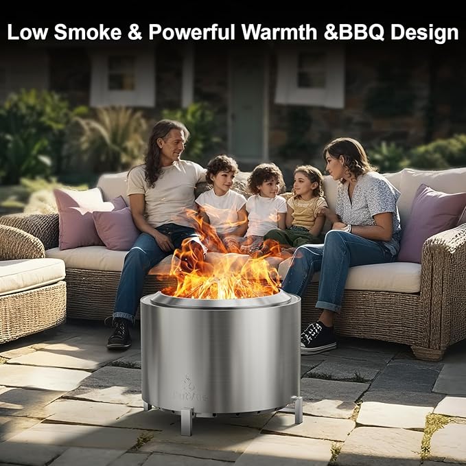 OutVue 27 inch Stainless Steel Smokeless Fire Pit, Outdoor Smokeless Firepit, Wood Burning Fire Pits for Camping, Bonfire, Low Smoke Firepit for Outside (Vertical Hole)