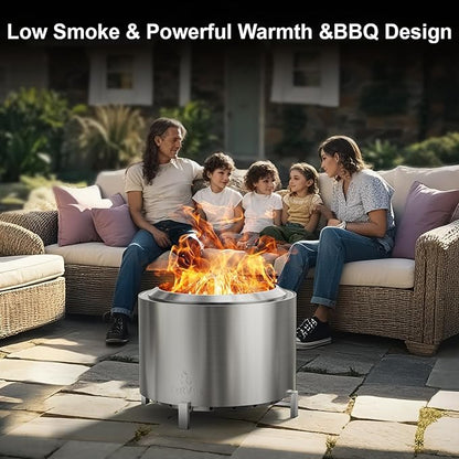 OutVue 27 inch Stainless Steel Smokeless Fire Pit, Outdoor Smokeless Firepit, Wood Burning Fire Pits for Camping, Bonfire, Low Smoke Firepit for Outside (Vertical Hole)