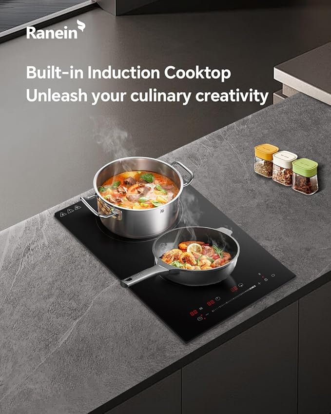 Ranein GEN II 12 Inch 2 Burner Electric Cooktop, Max 3000W 240V Ceramic Panel Built-in Electric Stove Top, with Child Safety Lock, Timer, Over-Temperature Protection