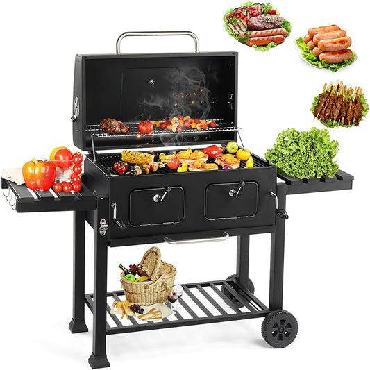 Outdoor Charcoal Grill with 2 Wheels and Individual & Adjustable Charcoal Doors, Compact Iron BBQ Grill for Party Picnic Hiking Backyard Cooking, Asadores de Carbon (Black)