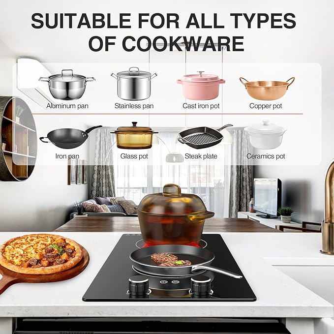 110v Electric Cooktop 2 Burners, 12'' Electric Stove Top with Plug in, Knob Control Countertop & Built-in Ceramic Cooktop, 9 Power Levels, Child Lock, Timer, Over-Heat Protection