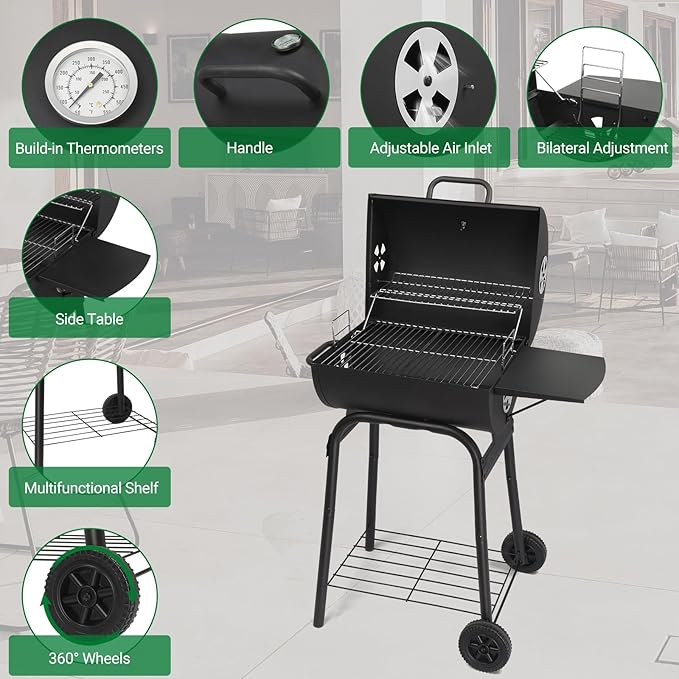 Charcoal Grill Outdoor BBQ Smoker, 33.8 Inch Barrel Barbecue Grill with Height-Adjustable Charcoal Tray, Warming Rack, Side Table and Wheels for Backyard Camping Picnic Patio, Black