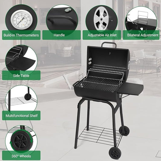 Charcoal Grill Outdoor BBQ Smoker, 33.8 Inch Barrel Barbecue Grill with Height-Adjustable Charcoal Tray, Warming Rack, Side Table and Wheels for Backyard Camping Picnic Patio, Black