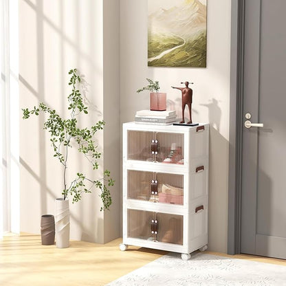 HOMGX 3 Tier Stackable Storage Bins, Collapsible Closet Organizers w/Wheels and Lids, Foldable Cabinet Front and Top Open, Foldable Plastic Containers for Kitchen (25.5 Gal (19" x 12" x 34"))
