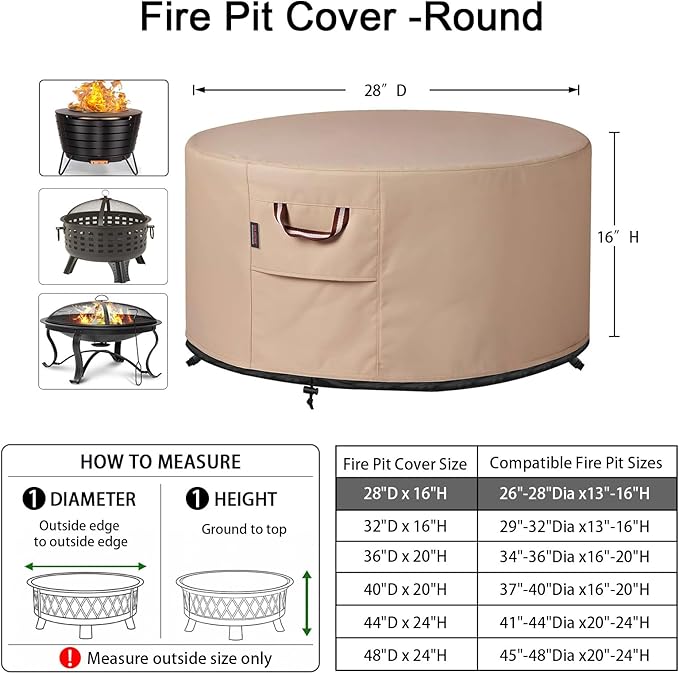 QH.HOME Fire Pit Cover Round-25-28 Inch Heavy Duty 900D Strong Tear-Resistant and UV Resistant and Waterproof and Fading Resistant Material Polyester Firepit Covers Round for Outdoor Fire Pit-Wheat