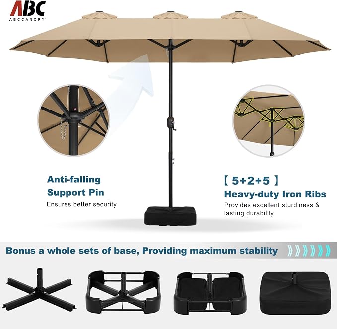 ABCCANOPY 15FT Double-Sided Rectangle Patio Umbrella with Base, Khaki | Rectangular Outdoor Table Umbrella with Crank, Heavy Duty Market Umbrella Shade for Garden,Poolside, Lawn, Backyard