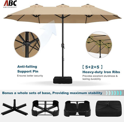 ABCCANOPY 15FT Double-Sided Rectangle Patio Umbrella with Base, Khaki | Rectangular Outdoor Table Umbrella with Crank, Heavy Duty Market Umbrella Shade for Garden,Poolside, Lawn, Backyard
