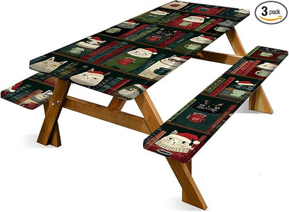 Christmas Picnic Table Cover with Bench Cover, Outdoor Picnic Table Elastic Tablecloth, Holiday Cat and Book Design, Camping, Barbecue and Winter Party Tablecloth