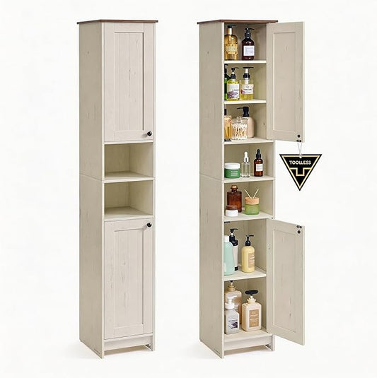 SONGMICS HOME 67-Inch Tall Bathroom Storage Cabinet, Superfast Toolless Assembly, 11.8-Inch Wide Slim Narrow Freestanding Cabinet with Adjustable Shelves, Kitchen Living Room, Rustic White