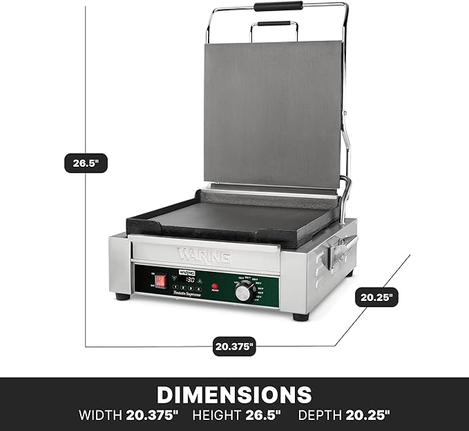 Waring Commercial Panini Press with Programmable Timer, Flat Cast Iron Plates, 14" x 14" Cooking Surface, 570°F Adjustable Thermostat, for Sandwiches up to 3" Thick, 120V, WFG275TX