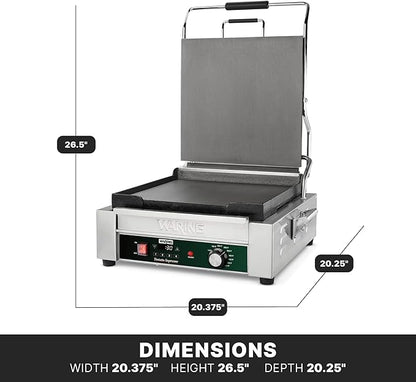 Waring Commercial Panini Press with Programmable Timer, Flat Cast Iron Plates, 14" x 14" Cooking Surface, 570°F Adjustable Thermostat, for Sandwiches up to 3" Thick, 120V, WFG275TX
