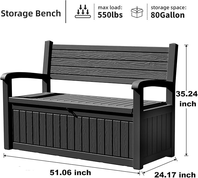 PatioZen 80 Gallon Outdoor Storage Bench Deck Box Waterproof Lockable,Outdoor Storage Furniture for Patio,Garden and Porch,Tools and Cushions（ Black Stripe）