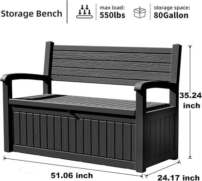 PatioZen 80 Gallon Outdoor Storage Bench Deck Box Waterproof Lockable,Outdoor Storage Furniture for Patio,Garden and Porch,Tools and Cushions（ Black Stripe）