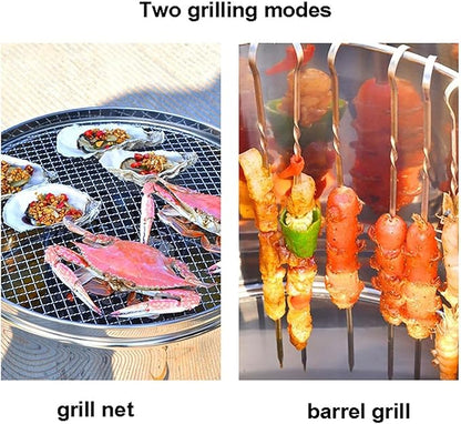 2-in-1 Vertical Charcoal BBQ Smoker 16" Round Charcoal Barbecue Grill Heavy-Duty Portable Grill for Outdoor Camping Picnic Backyard Cooking, Heat-resistant Temperature 500°C/932F°Can Hold 50 Skewers