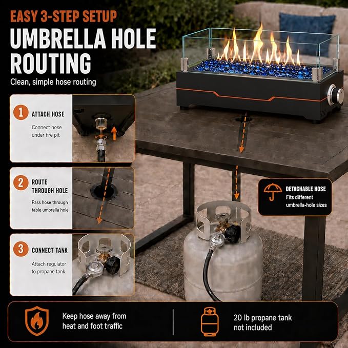 GRISUN Tabletop Fire Pit,15 Inch Propane Fire Pit Table,30000 BTU Table Top Firepit with Glass Wind Guard,Stainless Steel Burner,Fire Glass,Portable Propane fire Pit for Patio, Camping, Backyard & RV