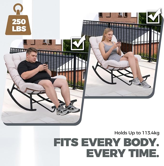 COMHOMA Outdoor Rocking Papasan Chair, Oversized Wicker Patio Rocker, Indoor Comfy Wicker Reading Lounge, Bed-Like Comfort Egg Chair for Bedroom,Balcony, Porch, Garden, Beige