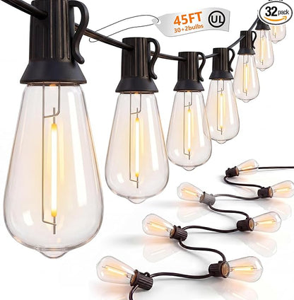 GOOTHY LED Outdoor String Lights 45Ft Patio Lights with 32 Shatterproof ST40 Vintage Edison Bulbs (2 Spare), Hanging Outdoor Light UL Listed for Porch Garden Backyard Balcony Decor