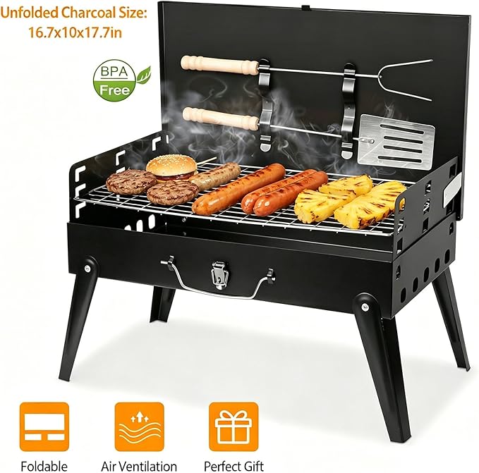 Portable Foldable Charcoal Grill Tabletop BBQ Suitcase with Grill Shelf Carry Bag Desktop Compact Charcoal Grill for Outdoor Camping and Picnic Grilling 16.7x10x17.7in (Black)