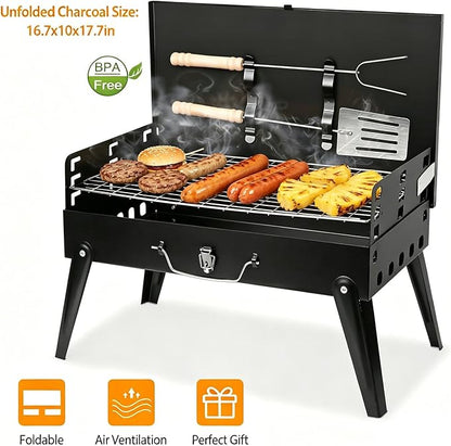 Portable Foldable Charcoal Grill Tabletop BBQ Suitcase with Grill Shelf Carry Bag Desktop Compact Charcoal Grill for Outdoor Camping and Picnic Grilling 16.7x10x17.7in (Black)