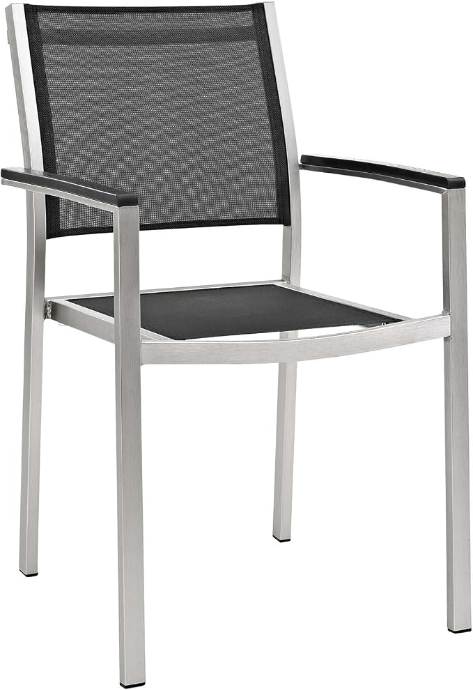 Modway Shore 7-Piece Aluminum Outdoor Patio Furniture Dining Set with Extendable 62 to 94 Inch Dining Table and Six Dining Arm Chairs in Silver Black