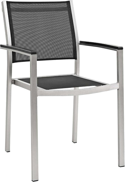 Modway Shore 7-Piece Aluminum Outdoor Patio Furniture Dining Set with Extendable 62 to 94 Inch Dining Table and Six Dining Arm Chairs in Silver Black