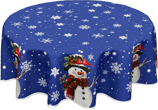 Sweetshow Xmas Snowman Blue Table Cloth Round Winter White Snowflakes Tablecloth 70 Inch Decor Washable Stain and Wrinkle Resistant Winter Round Table Cover for Dining Picnic