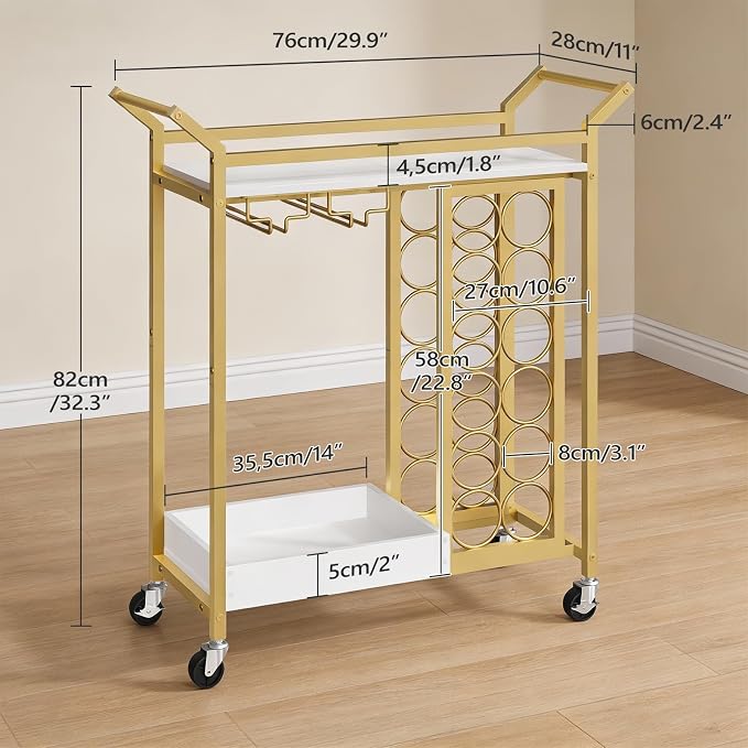 MAHANCRIS Gold Bar Cart, Bar Cart for Home, 2-Tier Wine Rack, Wine Cart with Wheels, Drink Cart with Glass Holder, Serving Cart for Kitchen, Gold and White RCJW18101