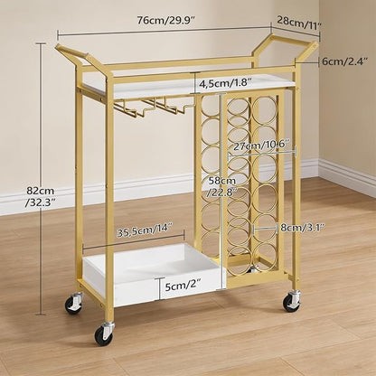 MAHANCRIS Gold Bar Cart, Bar Cart for Home, 2-Tier Wine Rack, Wine Cart with Wheels, Drink Cart with Glass Holder, Serving Cart for Kitchen, Gold and White RCJW18101